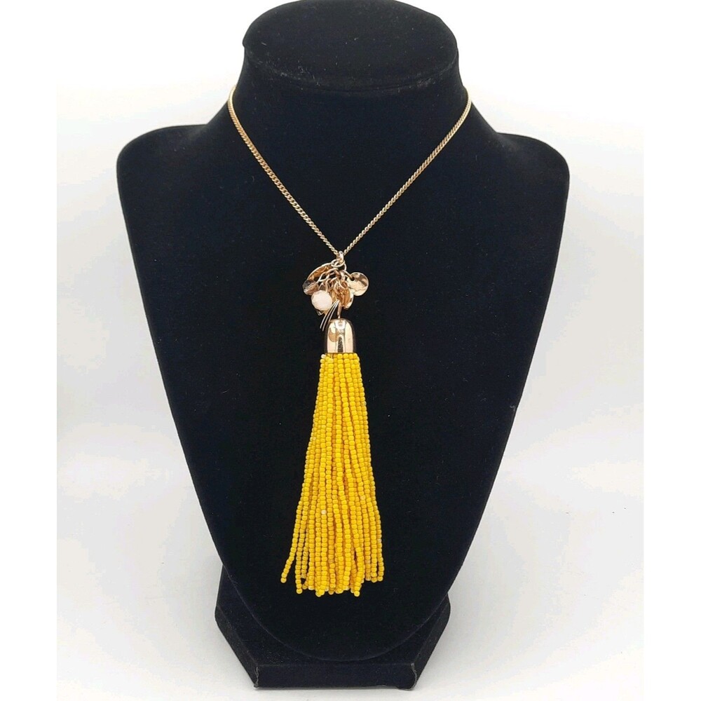LOFT Yellow Seed Bead Tassel Necklace Charms Gold Tone Chain 36" Boho Statement
